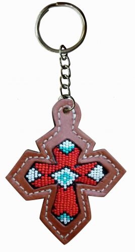 Showman Leather cross key chain with red beaded inlay